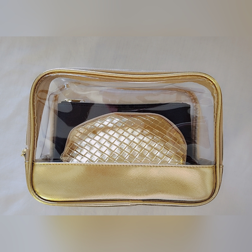 ✨ NWT 3-Piece Travel Cosmetic Bag Set – Gold, Black & Clear ✨ - Picture 2 of 8